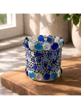Handcrafted Mosaic Glass Candle Holder Blue & Clear Glass Accents 3.5-Inch Heigh